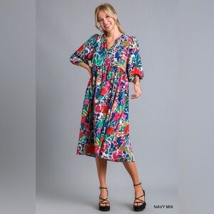 Umgee Floral Print Tie Neck Midi Dress with Pockets